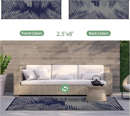 GENIMO Outdoor Rug 2.5' x 8' Waterproof for Patios Clearance, Reversible Outdoor Plastic Straw Camping Rug Carpet, Large Area Rugs Mats for RV, Camper, Deck, Balcony, Porch, Beach, Picnic, Blue&Grey