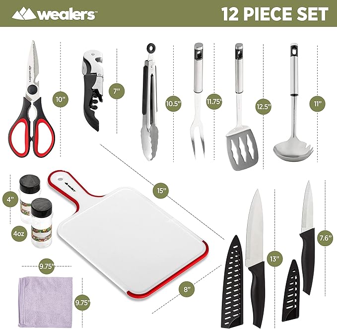 11 Piece Camp Kitchen Cooking Utensil Set Travel Organizer Grill Accessories Compact Gear for Backpacking BBQ Camping Hiking and Travel Black