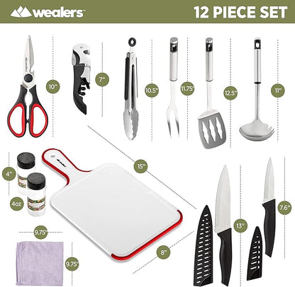 11 Piece Camp Kitchen Cooking Utensil Set Travel Organizer Grill Accessories Compact Gear for Backpacking BBQ Camping Hiking and Travel Black