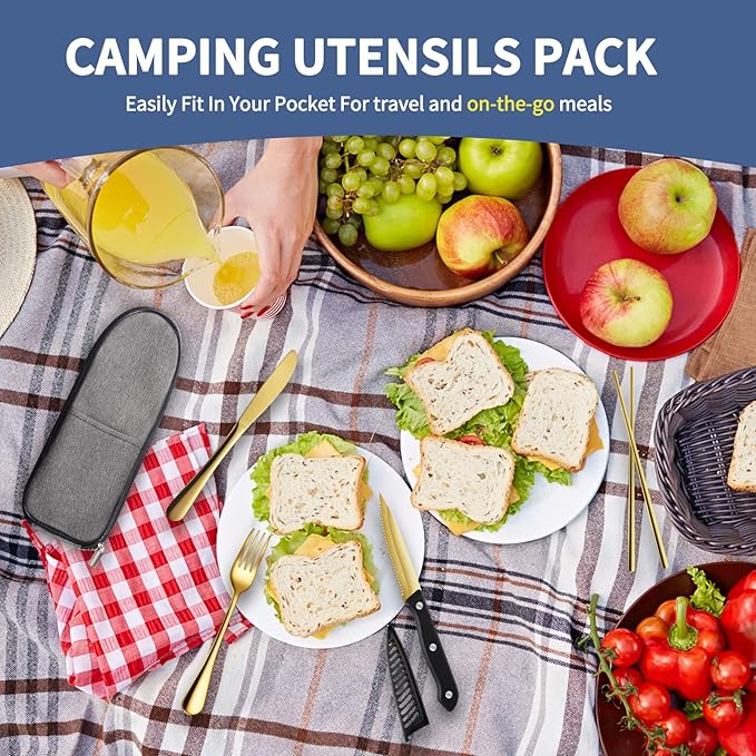 Portable Travel Utensils,Reusable Utensils,Travel Camping Cutlery Set,Stainless Steel Flatware Set with Case,Lunch Boxes Workplace Camping School Picnic (Gold)