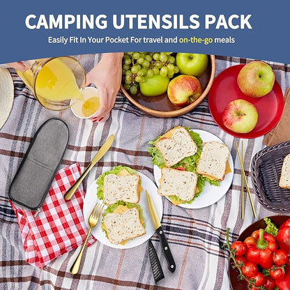 Portable Travel Utensils,Reusable Utensils,Travel Camping Cutlery Set,Stainless Steel Flatware Set with Case,Lunch Boxes Workplace Camping School Picnic (Gold)