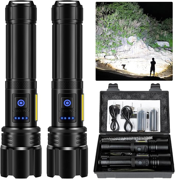 Rechargeable Flashlights High Lumens, Led Flashlight 990000 Lumens Bright Flash Light with 7 Modes, Flashlights for Camping, Home, IPX7 Waterproof (2 Pack)