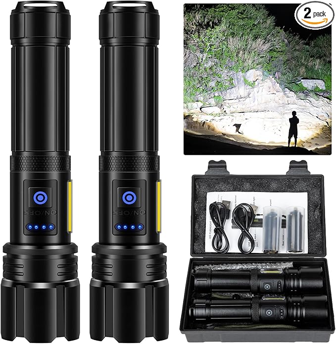 Rechargeable Flashlights High Lumens, Led Flashlight 990000 Lumens Bright Flash Light with 7 Modes, Flashlights for Camping, Home, IPX7 Waterproof (2 Pack)