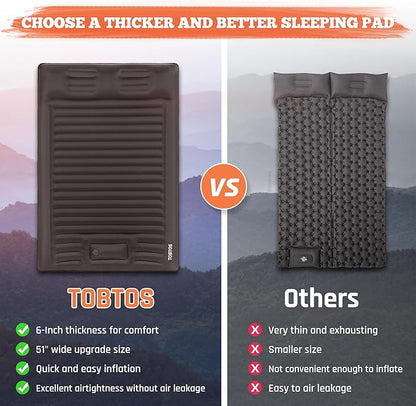 TOBTOS Double Sleeping Pad for Camping, Extra Thick 6" Camping Mattress 2 Person with Pillow Built-in Foot Pump, Inflatable Sleeping Mat for Camping, Backpacking, Hiking, Traveling(Brown)