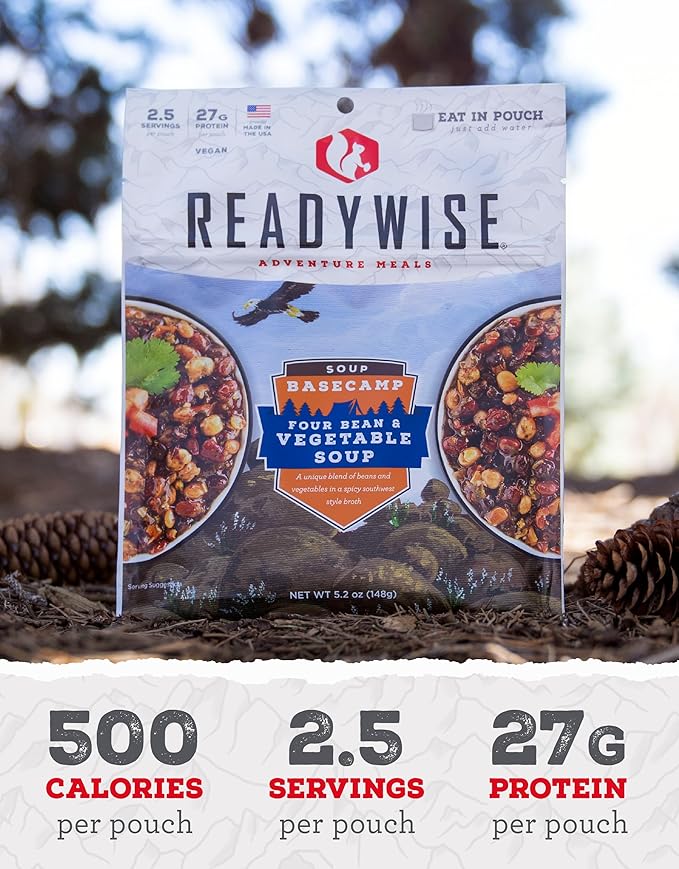 READYWISE - Adventure Meal, Bean & Vegetable Soup, 2 Servings, Pack of 1, Emergency Preparedness, Freeze Dried Food, MRE, Snack Pack or Emergency Food, Backpacking, Camping, Hiking, and, Survival Food