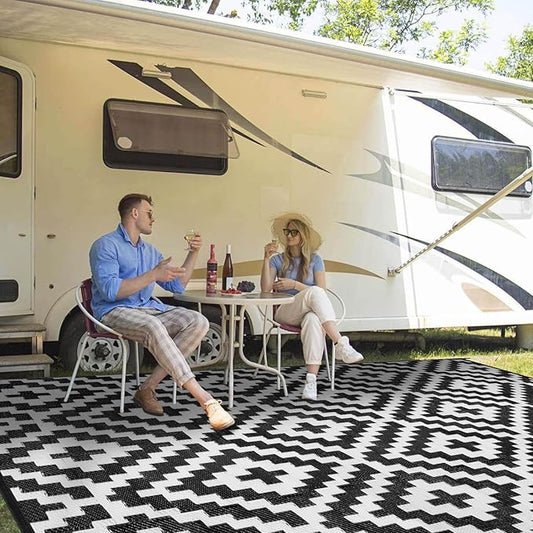 Outdoor Patio Plastic Straw Rug - 9'x18' Outdoor Camping Rug Waterproof Reversible, Area Carpet Patios Clearance RV, Outside Porch Balcony Deck for Camper, Black & White