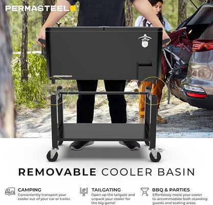 Permasteel 80-Qt Large Outdoor Patio Cooler with Wheels & Handles, Portable Rolling Ice Cooler Cart with Detachable Basin, Stand & Bottom Storage Shelf for Outdoor Entertaining, Black