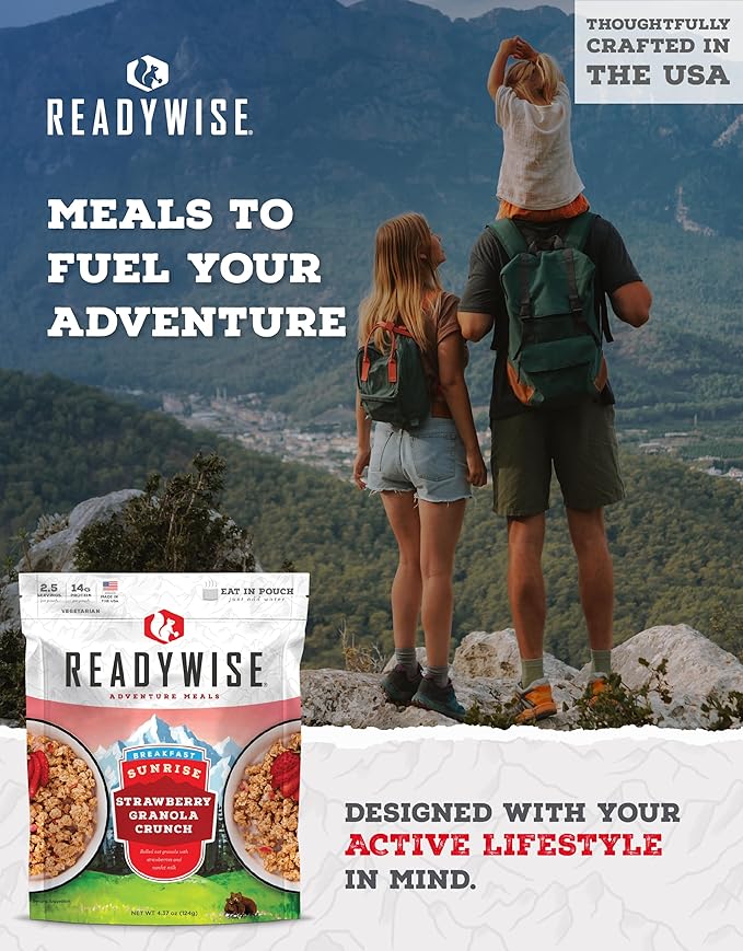 READYWISE - Outdoor Strawberry Granola Crunch, 2.5 Servings, Pack of 1, Emergency Preparedness, Freeze Dried Food, MRE, Snack Pack, Survival Food, Emergency Food for Backpacking, Camping, and Hiking