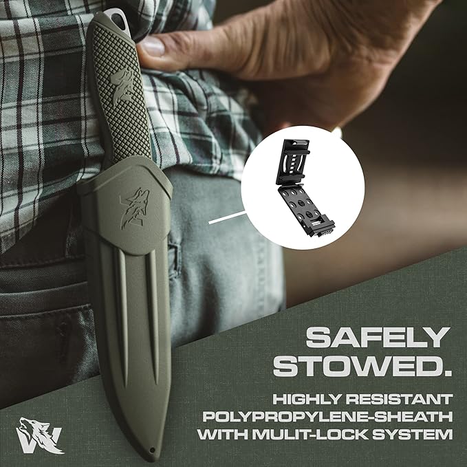 WOLF-II Full Tang Survival Knife with Sheath and Multi Lok - Strong Tactical Fixed Blade Knife - Made of D2 Steel - Bushcraft and Camping Knife - EDC Outdoor Knife with TPE Handle