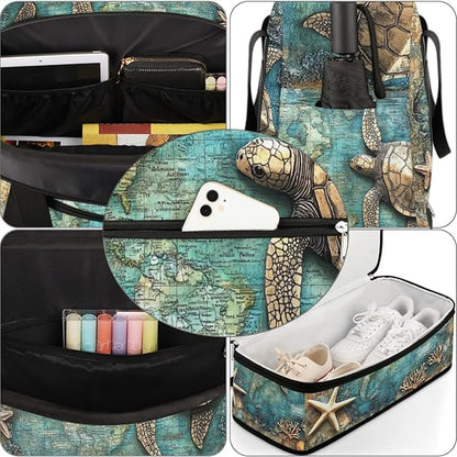 Foldable Travel Duffel Bag, Expandable Weekender Overnight Carry on Bags with Shoe Compartment Sport Tote Gym Luggage for Women Men, Turtle
