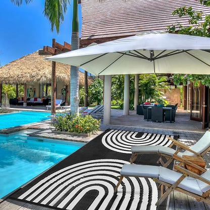 Anidaroel Outdoor Area Rugs 9x12ft Waterproof Clearance, Reversible Camping Rugs for Outside RV, Outdoor Plastic Straw Patio Rugs for Camping, Trailer, Backyard, Pool Deck, Picnic(Black&White, 9‘x12')