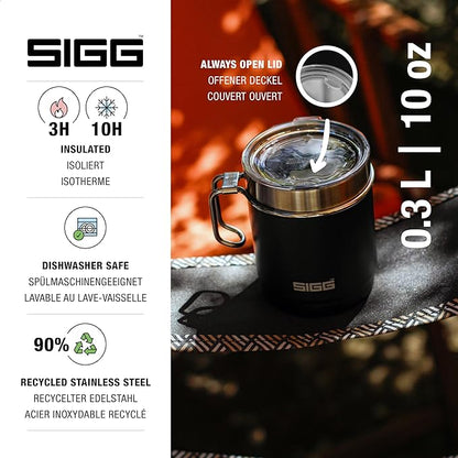 SIGG - Camping Mug with Lid - Double-Wall Insulated - Recycled Stainless Steel - Stackable - Hook Handle - Hiking, 10Oz