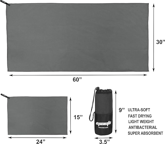 EPAuto 2-Pack Microfiber Fast Drying Travel Gym Towels, Grey, (60''x30'', 24''x15'')