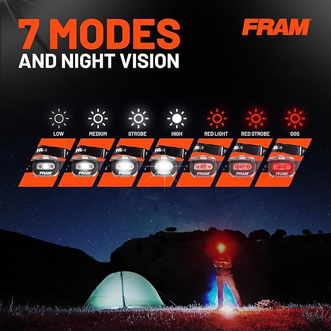 FRAM FAC40008 Headlamp Flashlight with White & Red Light, Comfortable Headband, Survival Gear, Waterproof lamp.