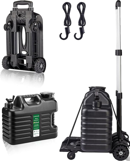 5 Gallon Water Jug and 150 lb Multifunctional Folding Hand Cart,Black Hand Truck,BPA Free Thickened Water Storage, Portable Luggage Cart with 2 Tank Wheels + 2 Swivel Wheels,Essential Camping Hiking