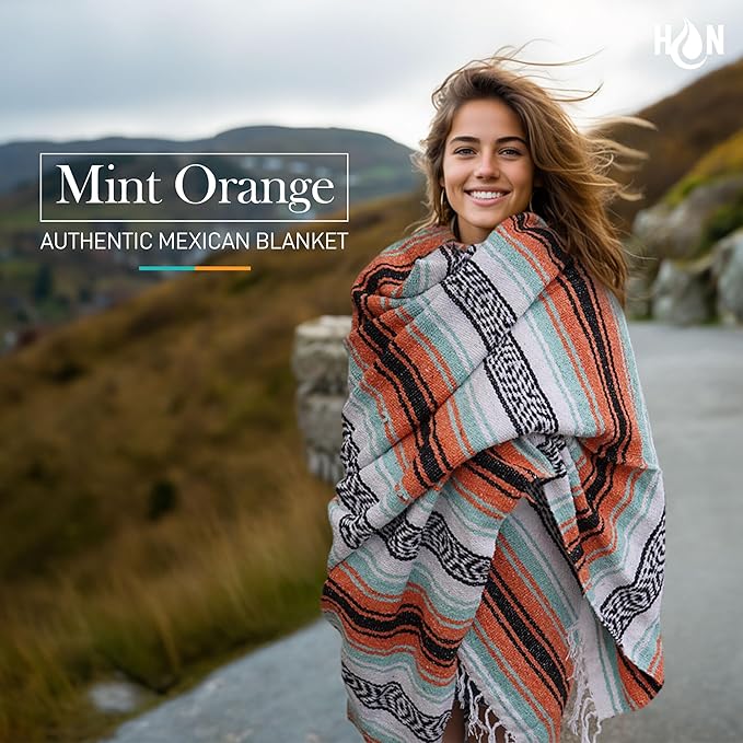 Authentic Extra Large Mexican Blanket (70"x50") - Handwoven Yoga Blanket, Serape Blanket - Artisanal Falsa Blanket, Beach Blanket, Camping Blanket, Picnic Blanket, Outdoor Blanket (Mint-Orange)
