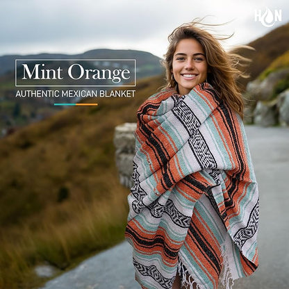 Authentic Extra Large Mexican Blanket (70"x50") - Handwoven Yoga Blanket, Serape Blanket - Artisanal Falsa Blanket, Beach Blanket, Camping Blanket, Picnic Blanket, Outdoor Blanket (Mint-Orange)