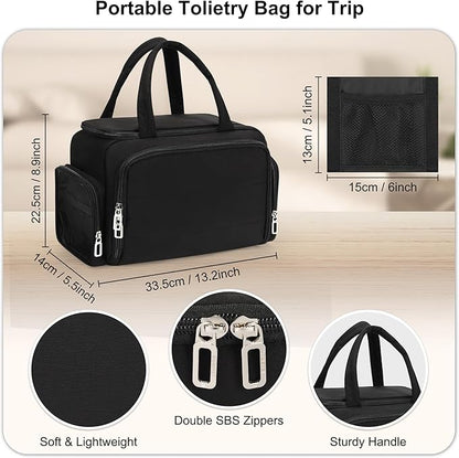 Travel Toiletry Bag for Women, Lightweight Wide-open Toiletries Travel Bag with Handle, Large Cosmetic Organizer with Makeup Brushes Compartment for Essentials for Trip, Camping - Black