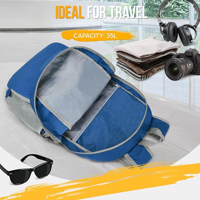 ZOMAKE Lightweight Packable Backpack 35L - Light Foldable Backpacks Water Resistant Collapsible Hiking Backpack - Compact Folding Day Pack for Travel Camping(Dark Blue)