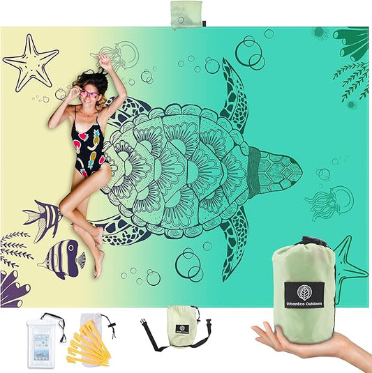 Lightweight Beach Blanket - Oversized 107" x 77" - Waterproof Sandproof - Double Anchored for Fun Leisure Beach Blanket - with Stake and Pouch - Durable Sand Beach Mat