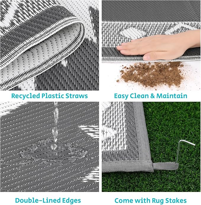 HEBE Outdoor Rug 6'x9' Waterproof for Patios Clearance, Reversible Plastic Straw Rug Camping Carpet, Indoor Outdoor Area Rugs Patio Mats for RV,Picnic,Backyard,Deck,Balcony,Porch