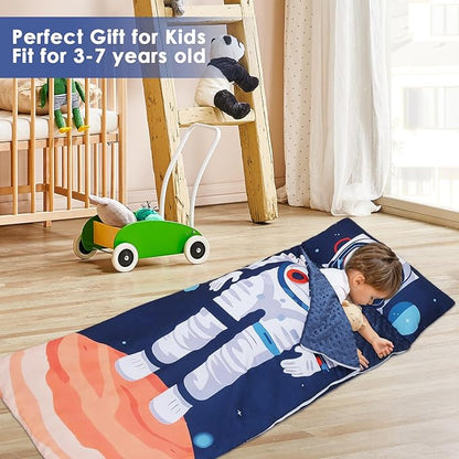 Kids Sleeping Bag Toddler Nap Mat with Removable Pillow, Large Foldable Sleeping Bag for Girls Boys, Easy Clean Slumber Bag with Double Zip for Camping School Preschool Daycare, 59×24 inch