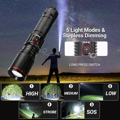 FZH Flashlights High Lumens Rechargeable 2PC 10000LM LED Infinitely Dimmable Super Bright USB Flash Light Powerful Handheld Tactical Torch, 5 Modes, Waterproof for Outdoor Emergencies Camping
