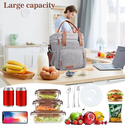 Lunch Box & Lunch Bag for Women Men, Large Insulated Adult Lunch Box Leakproof Lunchbox Cooler Bag for Work Picnic Beach,16L, Gray