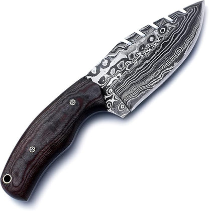 Handmade Damascus Steel Knife for Hunting,Survival,Camping,Bushcraft,and Fishing-Fixed Blade Drop Point with Saw back Full Tang Micarta Handle with Cowhide-Leather Sheath - WKD-773