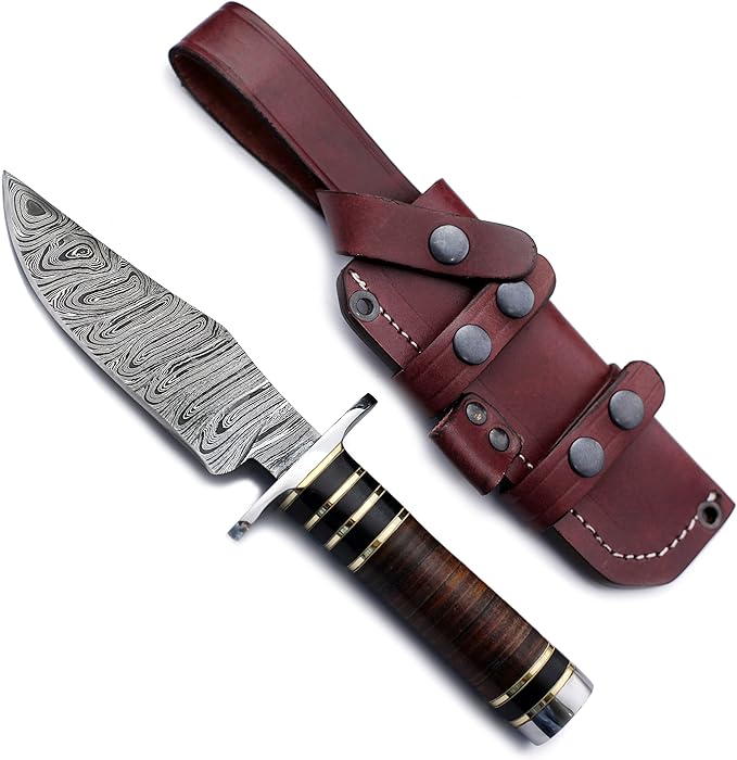 Handmade Damascus Steel Knife Bowie for Hunting,Survival,Camping,Bushcraft and Fishing Fixed Blade Dagger with Clip point Full Tang Micarta Handle, Leather Sheath - WKD-780