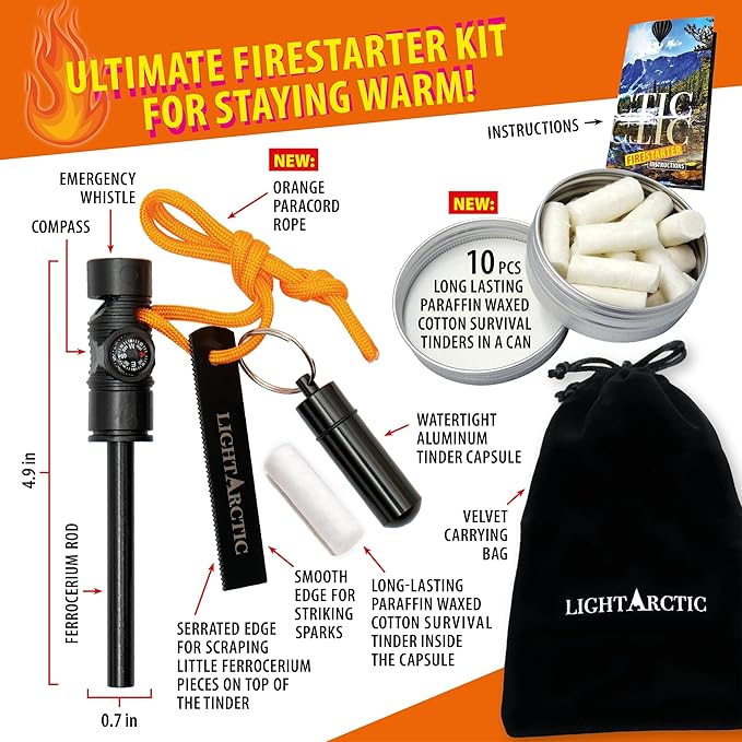Ferro Rod Fire Starter Kit Survival Gear by LightArctic: 7-in-1 Flint and Steel Includes Compass, Whistle, 11 pcs Waxed Tinders with Waterproof Capsule - Tested in The Most Extreme Weather Conditions