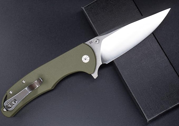 FD04 Folding Pocket Knife, D2 Steel Blade G10 Handle and Button Lock EDC Pocket Cool Knife for Men and Women, Camping Hunting Hiking Fishing Knives Tools (Green Drop)