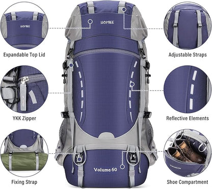HOMIEE 50L Hiking Backpack Travel Bag Waterproof Camping Backpack with Rain Cover Lightweight Backpacking Backpack Rucksack