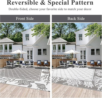 Vaukki Reversible Rugs, Plastic Straw Outdoor Doormat, Fade Resistant Plastic Outdoor Patio Mat, Lightweight Ocean Area Carpet for Patio, RV, Camping, Beach, Deck, Backyard and Picnic (Grey, 9'x12')