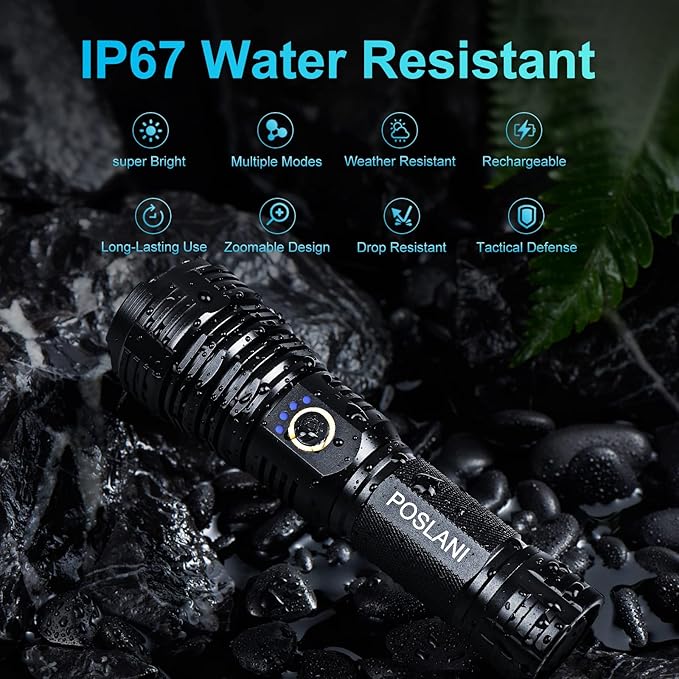 flashlights LED high lumens Rechargeable, Extremely Bright 50000 lumens Flashlight, IPX67 Water Resistant, 5 Light Modes, zoomable Tactical Flashlight for Emergency Camping Gift