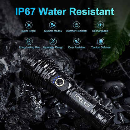 flashlights LED high lumens Rechargeable, Extremely Bright 50000 lumens Flashlight, IPX67 Water Resistant, 5 Light Modes, zoomable Tactical Flashlight for Emergency Camping Gift