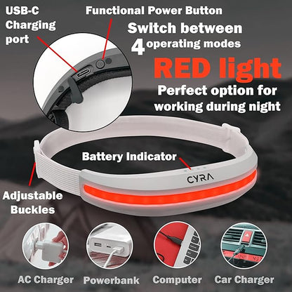 CYRA LED Headlamp Rechargeable USB-C, IPX4 Red Light Option 230°, 400 Lumen Wide Beam Hard Hat Light, 2.1oz Lightweight lightbar Head Lamp for Hiking & Camping Accessories, Running, Outdoor, Adults