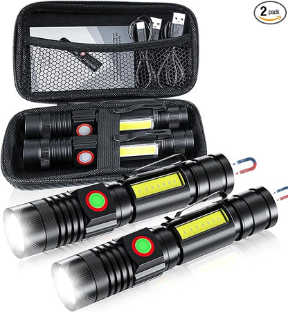 iToncs LED Flashlight Rechargeable, 2000 Lumens Super Bright Magnetic Flashlight with COB Work Light, Waterproof, 4 Modes, Pocket Tactical Flashlights 2 Packs Tactical Flashlights with Bag