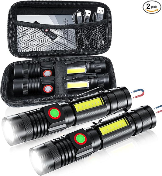 iToncs LED Flashlight Rechargeable, 2000 Lumens Super Bright Magnetic Flashlight with COB Work Light, Waterproof, 4 Modes, Pocket Tactical Flashlights 2 Packs Tactical Flashlights with Bag