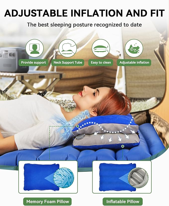 JefDiee Inflatable Camping Pillow with Memory Foam and Washable Cover Camping Gear and Travel Pillow for Airplanes, Camping