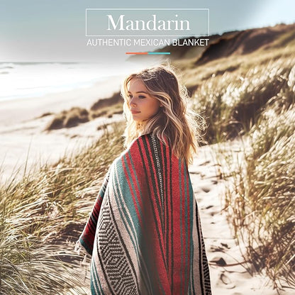 Authentic Large Handwoven Mexican Blanket - Soft Yoga Blanket - Durable Serape Blanket - Lightweight Falsa Blanket, Beach Blanket, Camping Blanket, Picnic Blanket, Outdoor Blanket 70"x50" - Mandarin