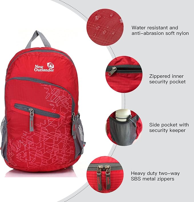 Outlander Packable Handy Lightweight Travel Hiking Backpack Daypack, Red