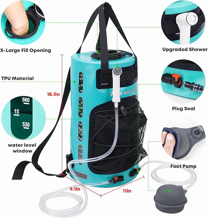 WILD HEART Camping Shower 22L/ 12L Portable Shower for Camping with Pressure Foot Pump and Hose - Solar Shower Bag backpack for Camping, Road Trip & Outdoor Use