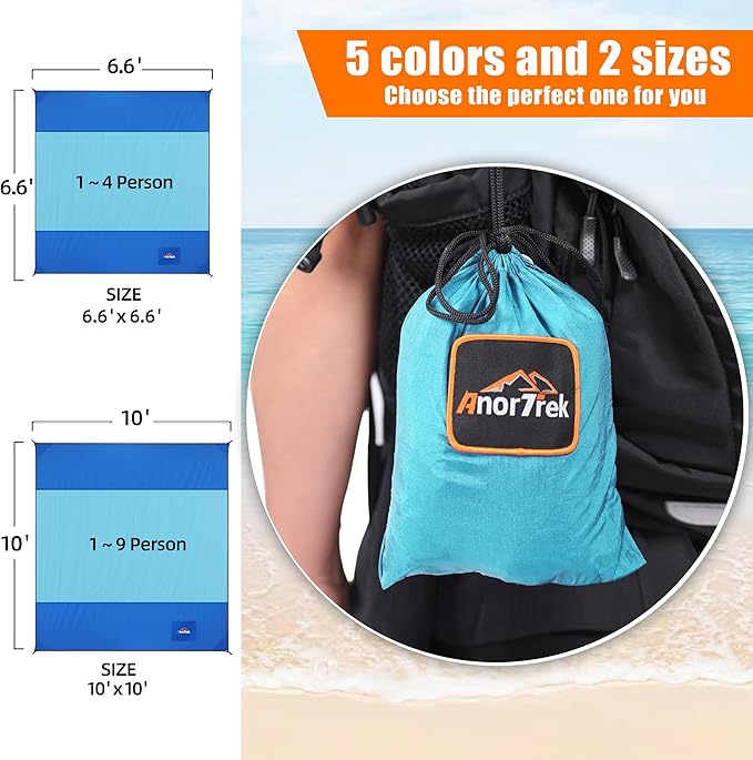 Beach Blanket Sandproof, Extra Large Beach Mat, Sand Free Mat Quick Drying, Lightweight, Soft & Durable Mat for Beach, Yard (Blue & Sky Blue, 10 x 10 FT (1～9 Person))