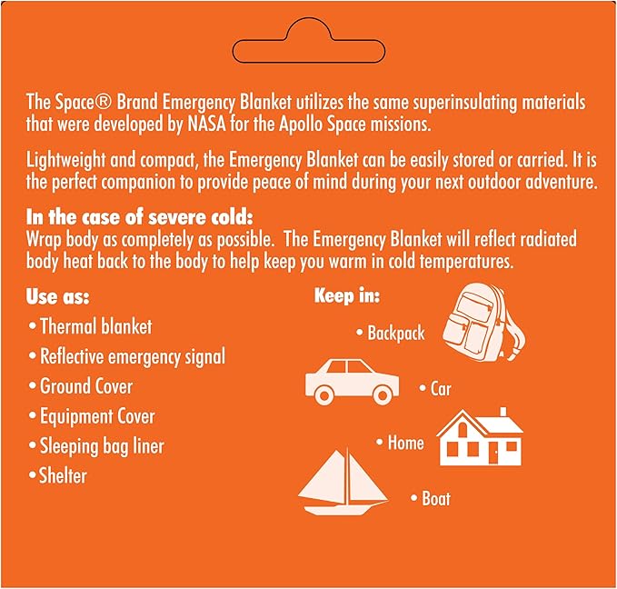 Space Brand Emergency Blanket - Orange/Silver - Waterproof and Windproof Fi