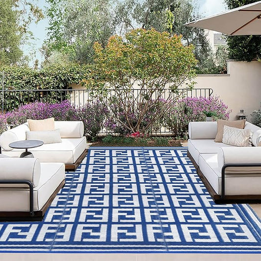 OutdoorLines Outdoor Plastic Area Rugs for Patio 4x6 ft - Reversible Outside Carpet, Stain & UV Resistant RV Mats, Straw Rug for Camping, Deck Garden, Porch and Balcony, Geometry Navy & Light Grey