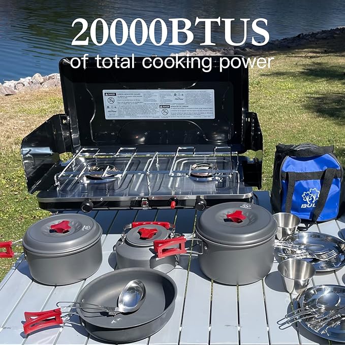 Camping Stove 2 Burner, Portable Propane Stove 20000 BTU with Regulator, Integrated Igniter & Stainless Steel Drip Tray & Built-in Handle & Foldable Legs for Outdoor Cooking and Travel