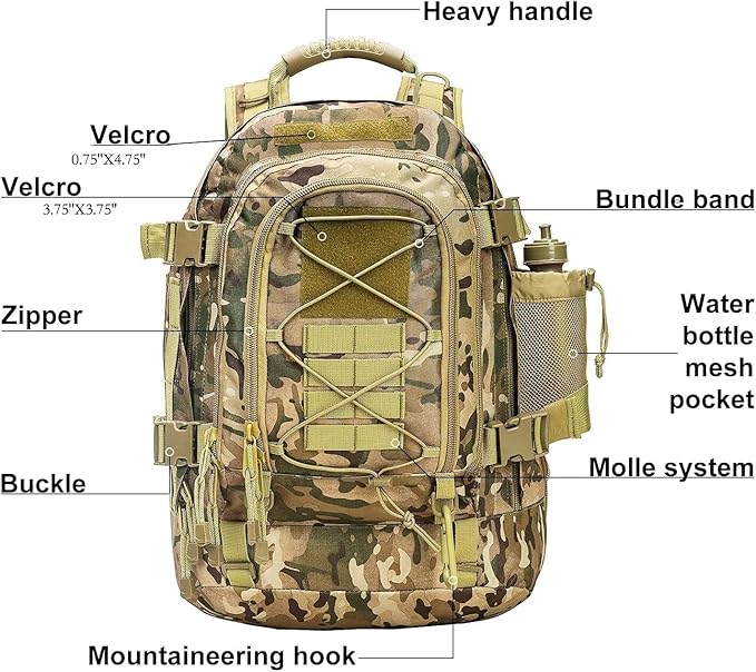 Expandable 40-64L Military Tactical Backpack 3 Day Bag Hiking Gym Sport Camping