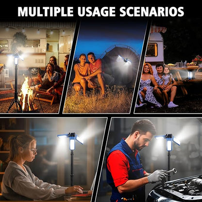 Rechargeable Solar Camping Light with Stand, Portable Cordless Work Light with 3 LED Lamp Heads, 5 Dimmable Lighting Modes, 82" Telescoping Tripod