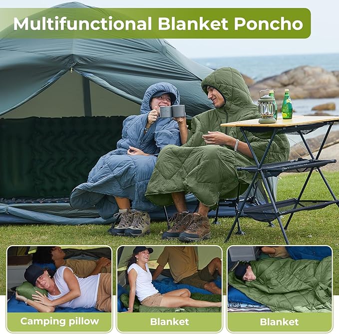 ATEPA Blanket Poncho Hooded Ultralight Water-Resisitant Warm Wearable Blanket Sleeping Bag Coat Cloak Camping Blanket
